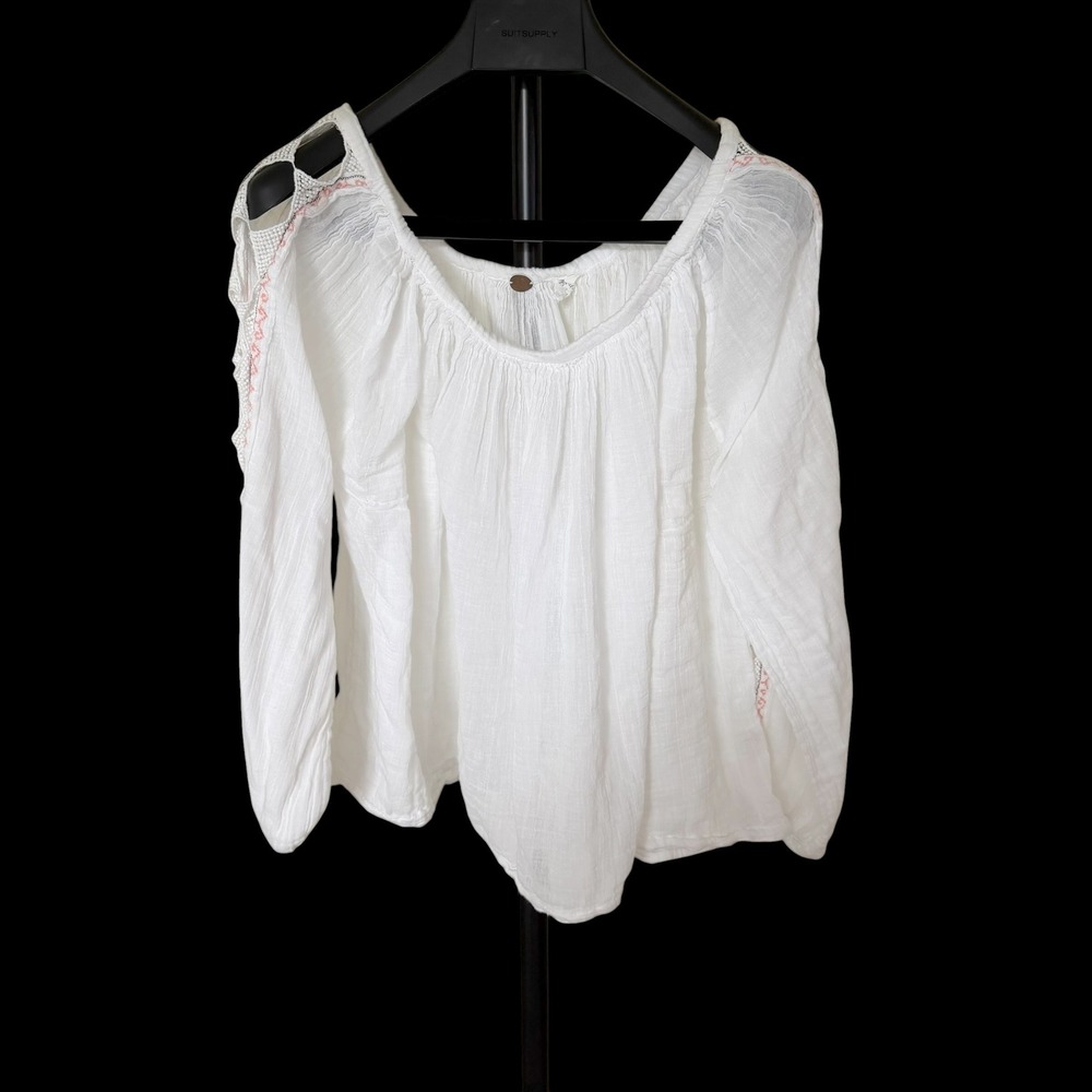Free People FP One White Gauze Crochet Lace Embroidered Boho Blouse M